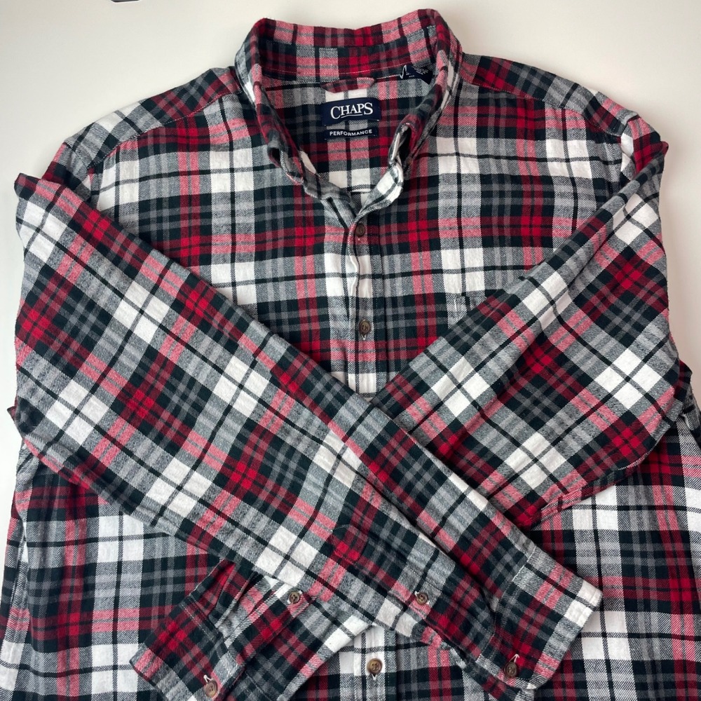 Chaps Performance Mens‎ Large Red Black White Plaid Flannel Cotton Button Down